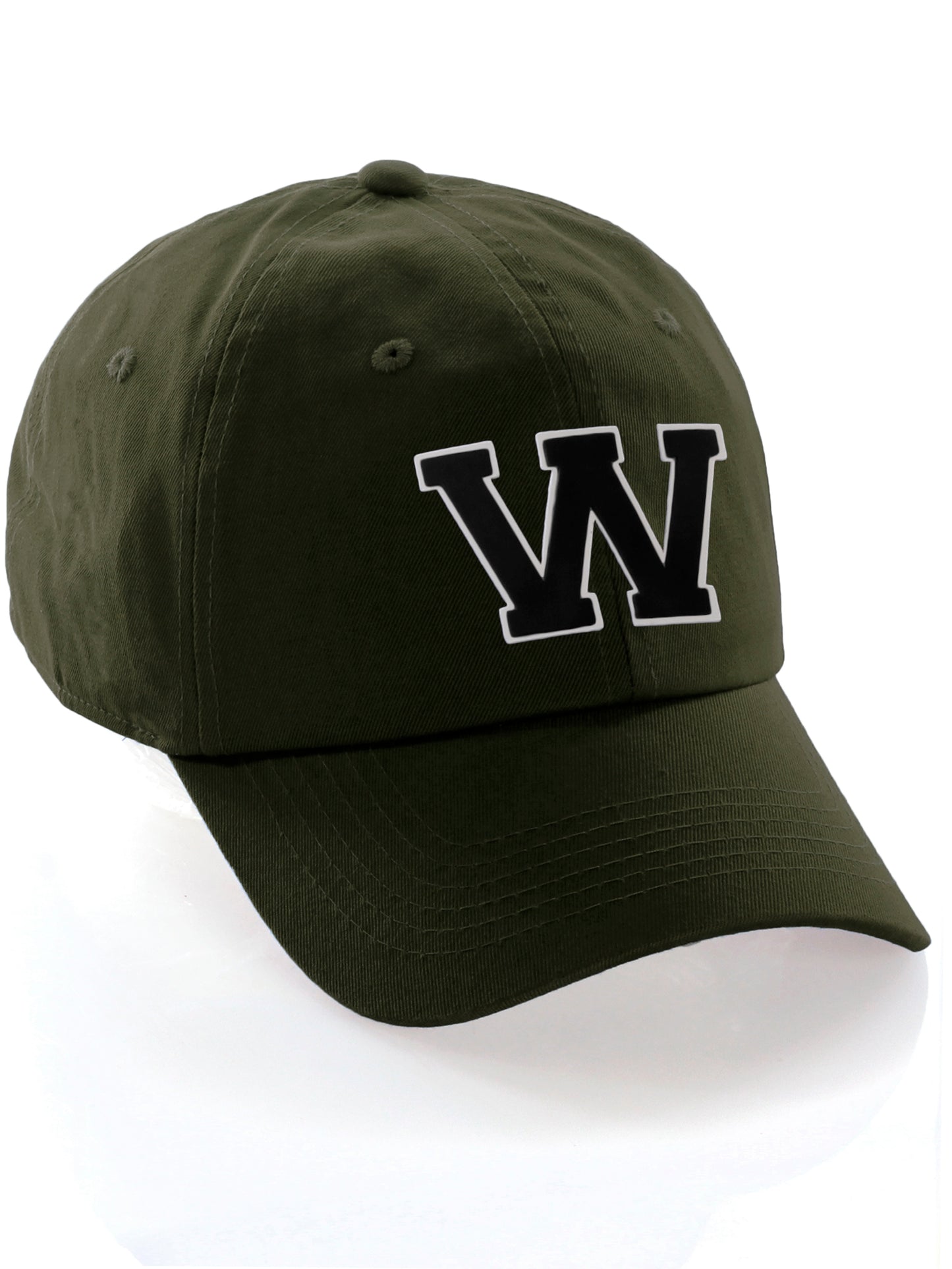 I&W Hatgear Customized Letter Initial Baseball Hat A to Z Team Colors, Olive Cap White Black