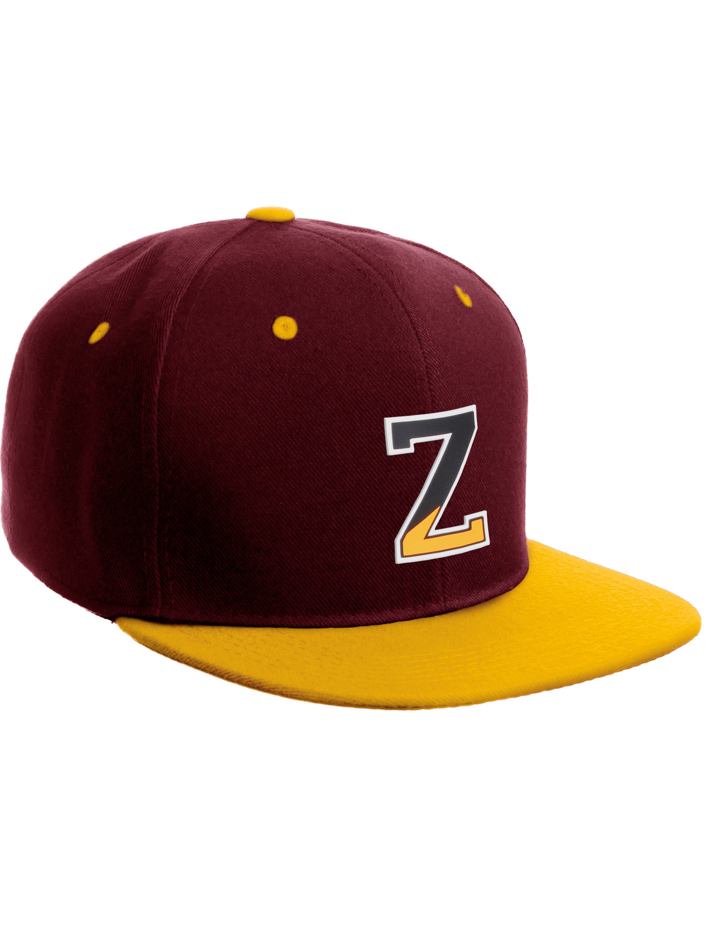 Daxton Classic Snapback Initial Numbers Letters Flat Bill Visor Burgundy Yellow Cap