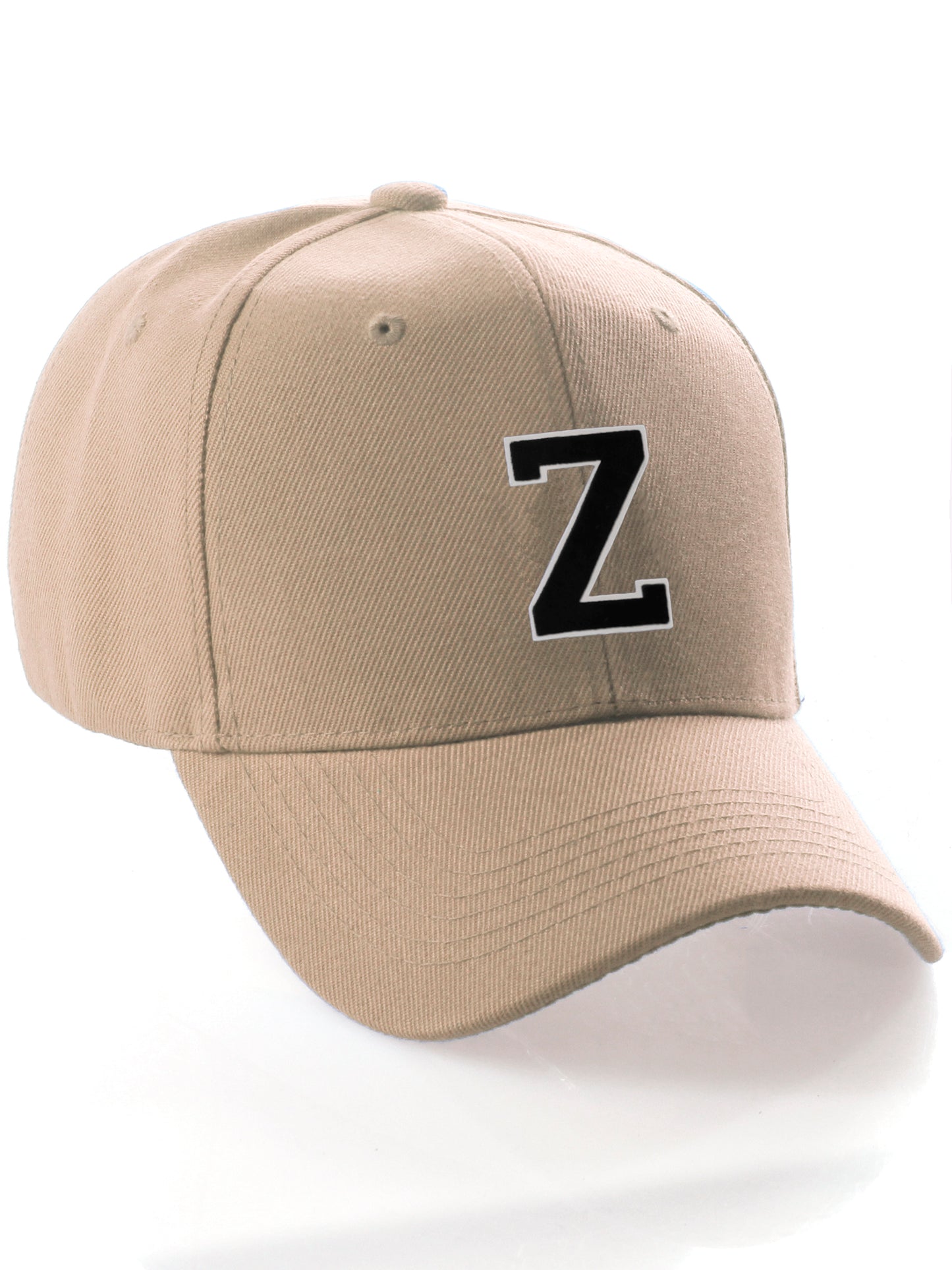 Classic Baseball Hat Custom A to Z Initial Team Letter, Khaki Cap White Black