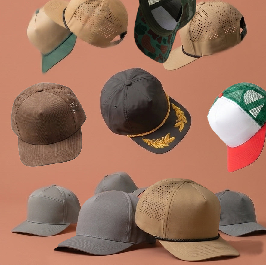 A creative layout showcasing a variety of 5-panel and rope snapback hats in earth tones, grey, and green