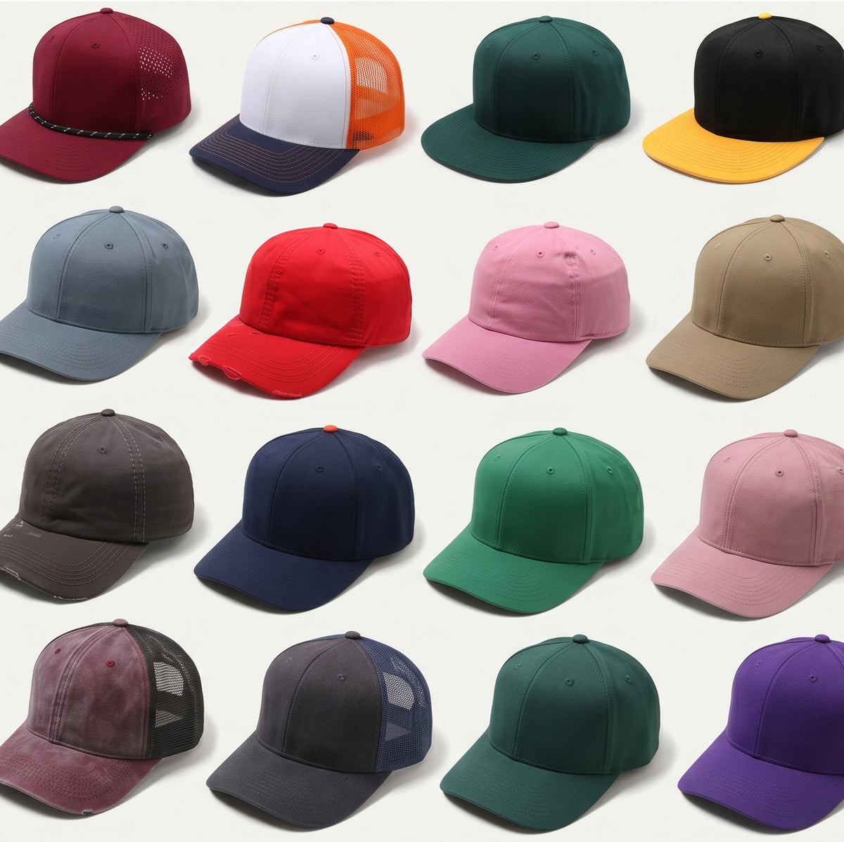 Grid display of various blank baseball caps, snapbacks, and trucker hats in a wide assortment of colors including red, blue, green, pink, purple, and khaki