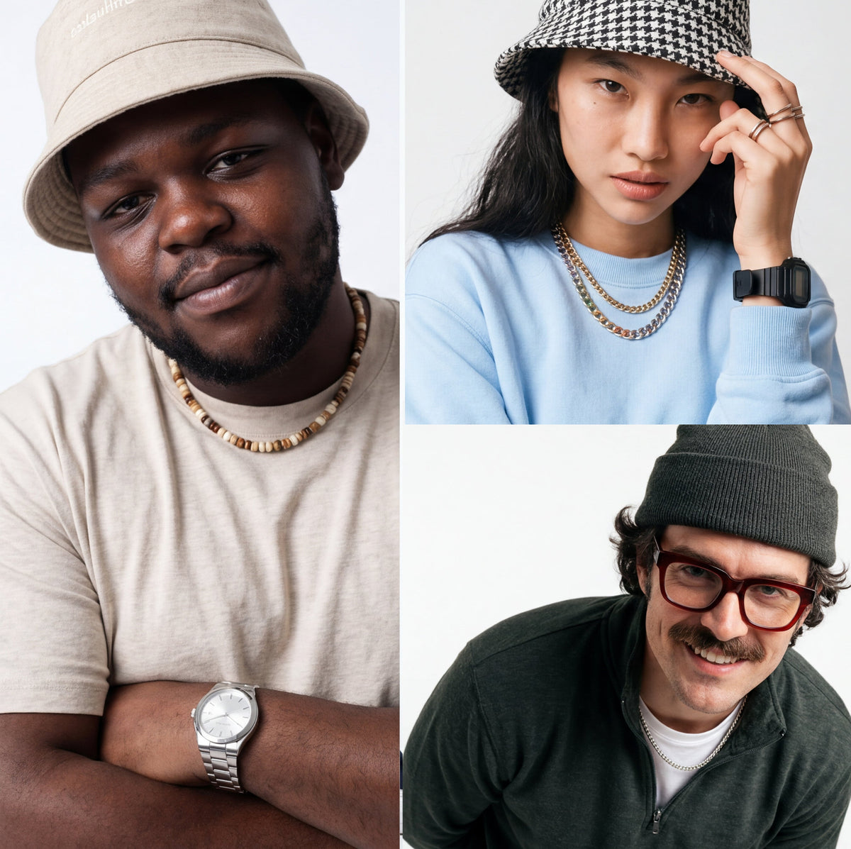 A multi-photo collage displaying models in trendy streetwear accessories, bucket hats, beanies, and sweatshirts