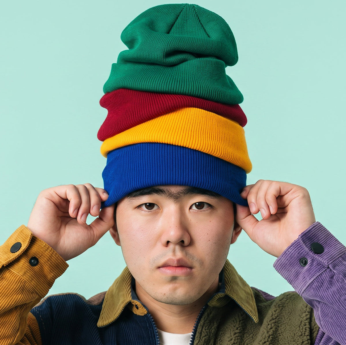 A man modeling a tall stack of colorful ribbed knit beanies in blue, yellow, red, and green against a mint background
