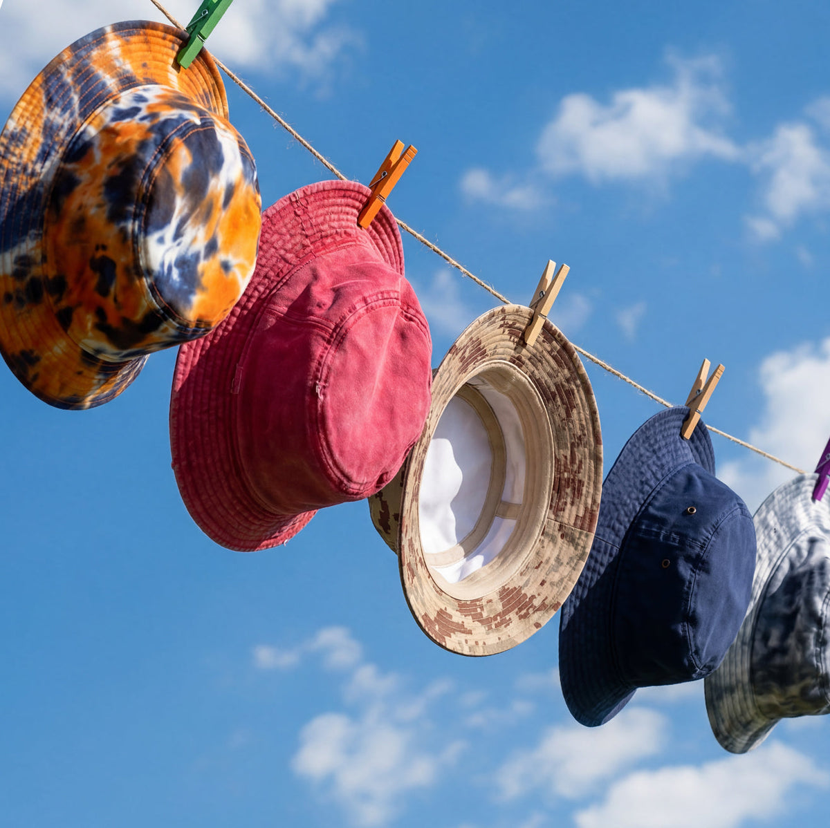 collection of bucket hats hanging on a rope