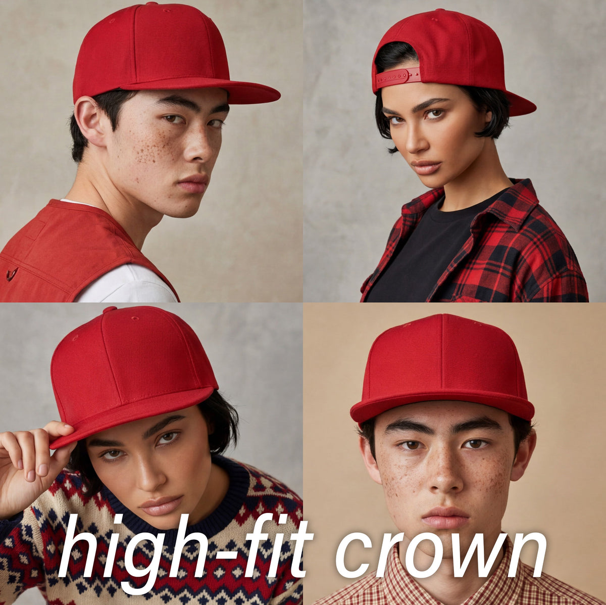 multiple views of a high fit crown red snapback hat