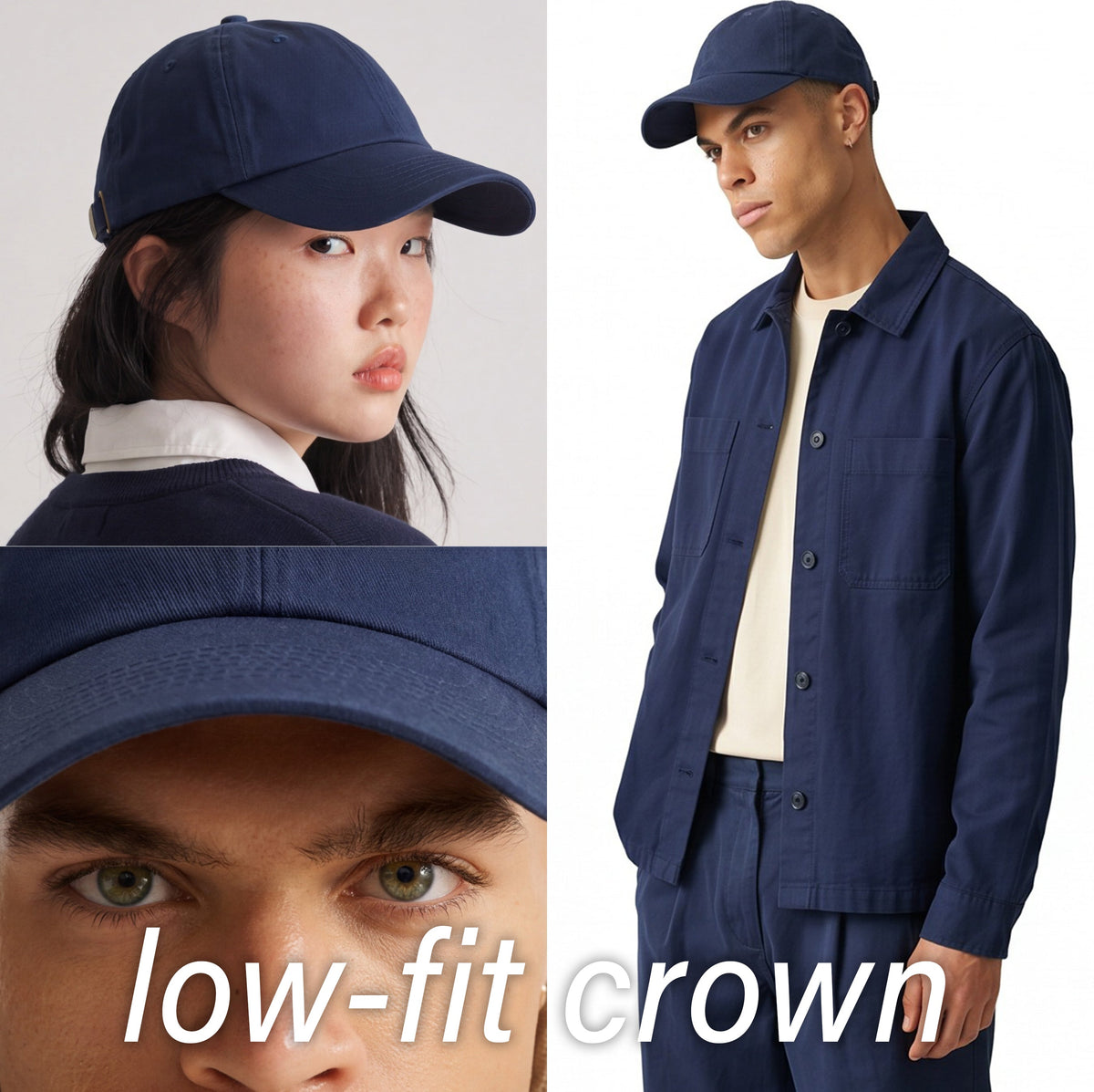 different profiles of a navy low profile dad hat