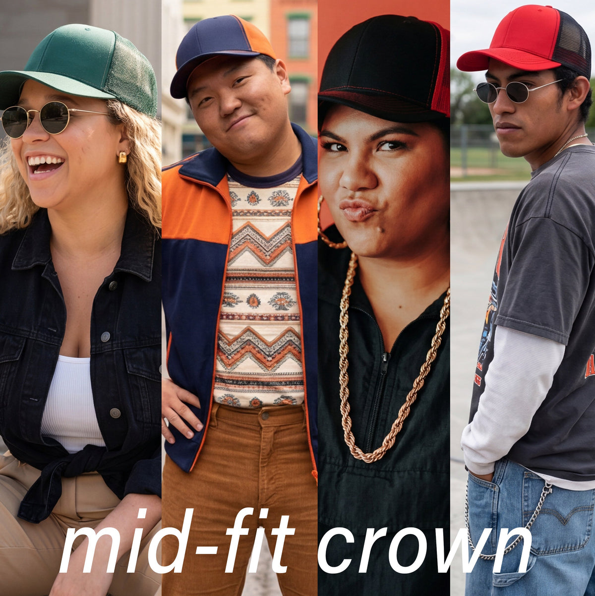 four people profile views of them wearing mid profile trucker hat