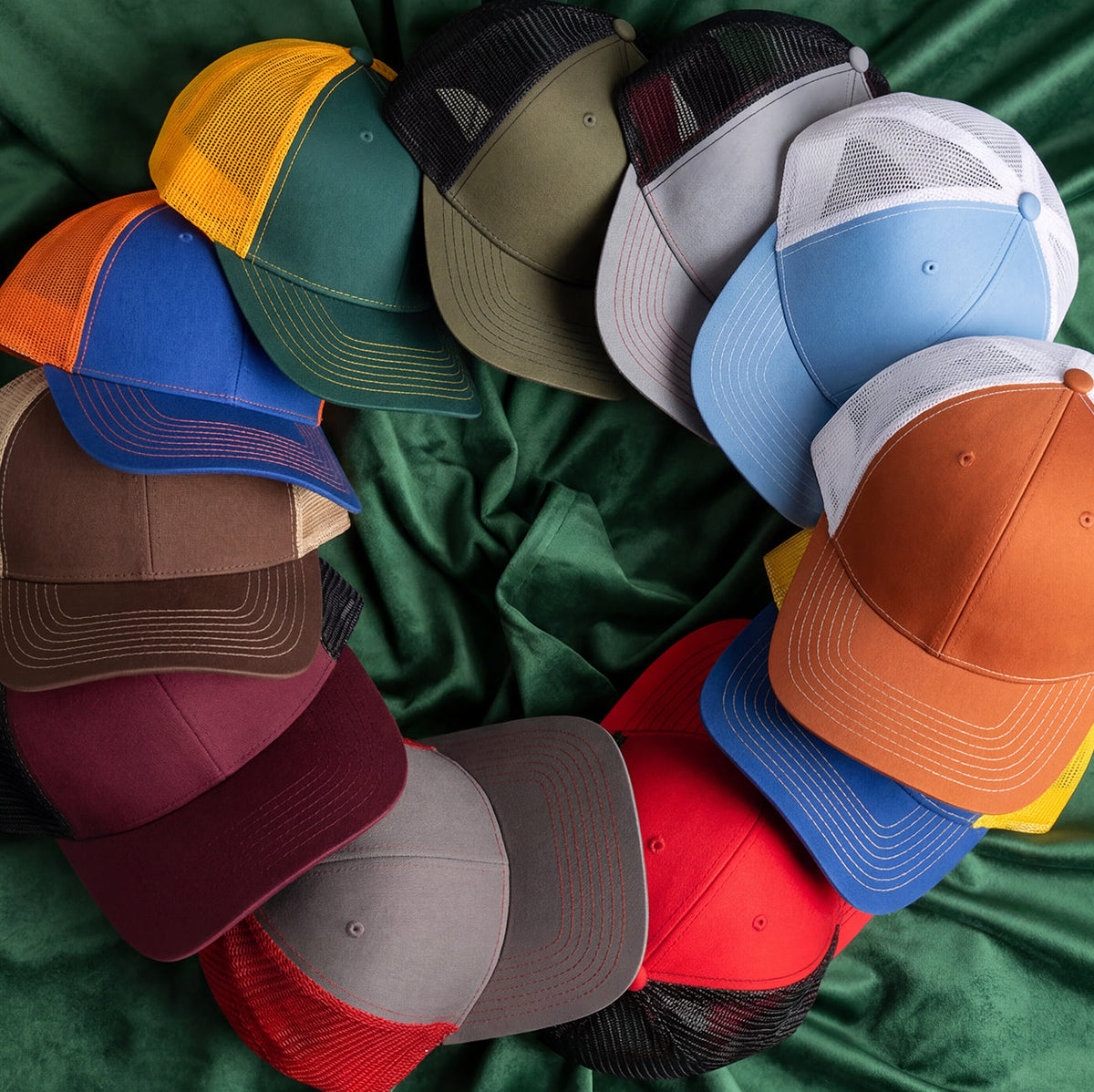 collection of multiple color combinations of 6 panels trucker hats