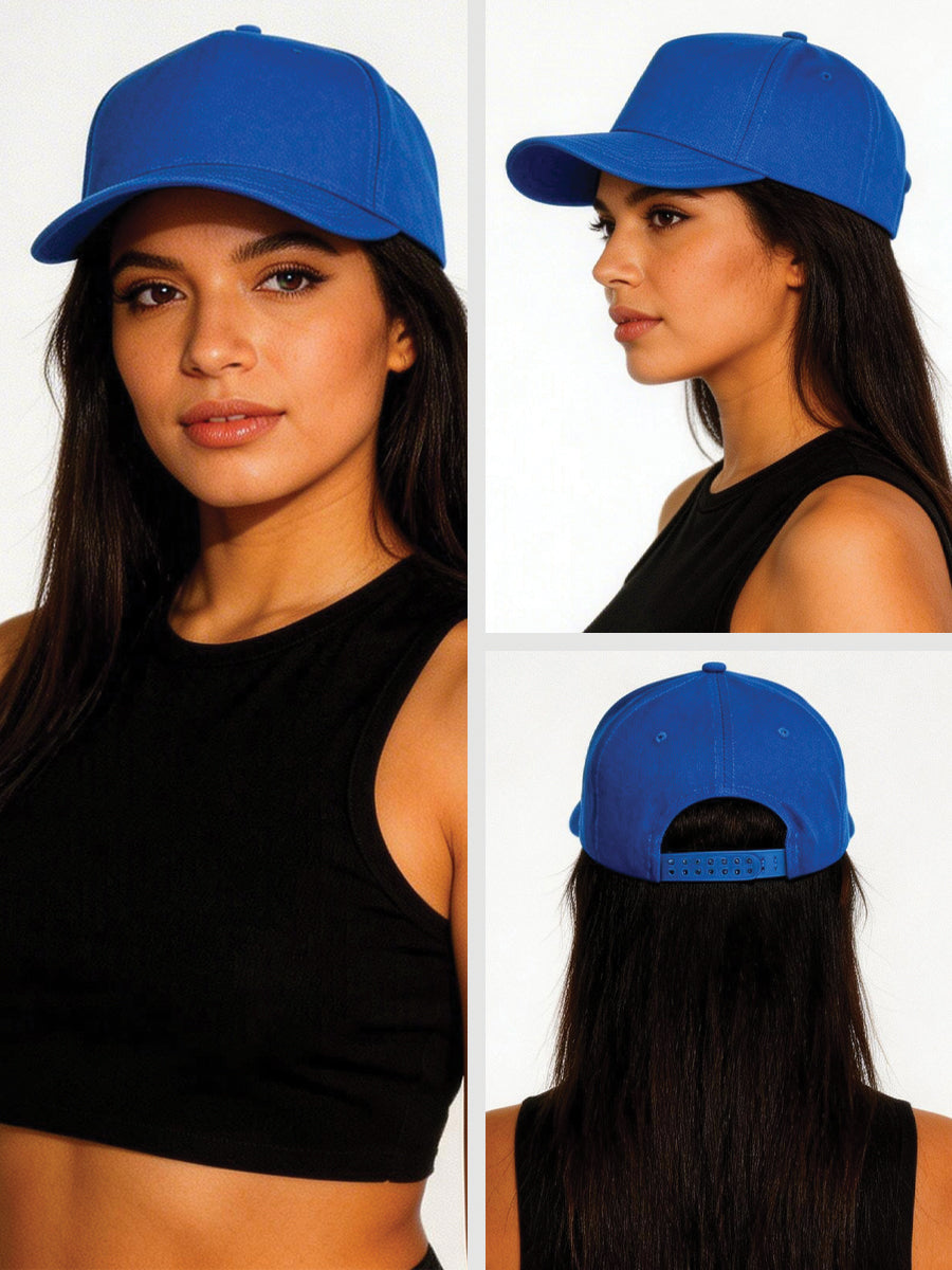 Lu Originals Unisex 5-Panel Snapback Hat in Royal Blue - Multiple Views Female Model Structured High-Profile