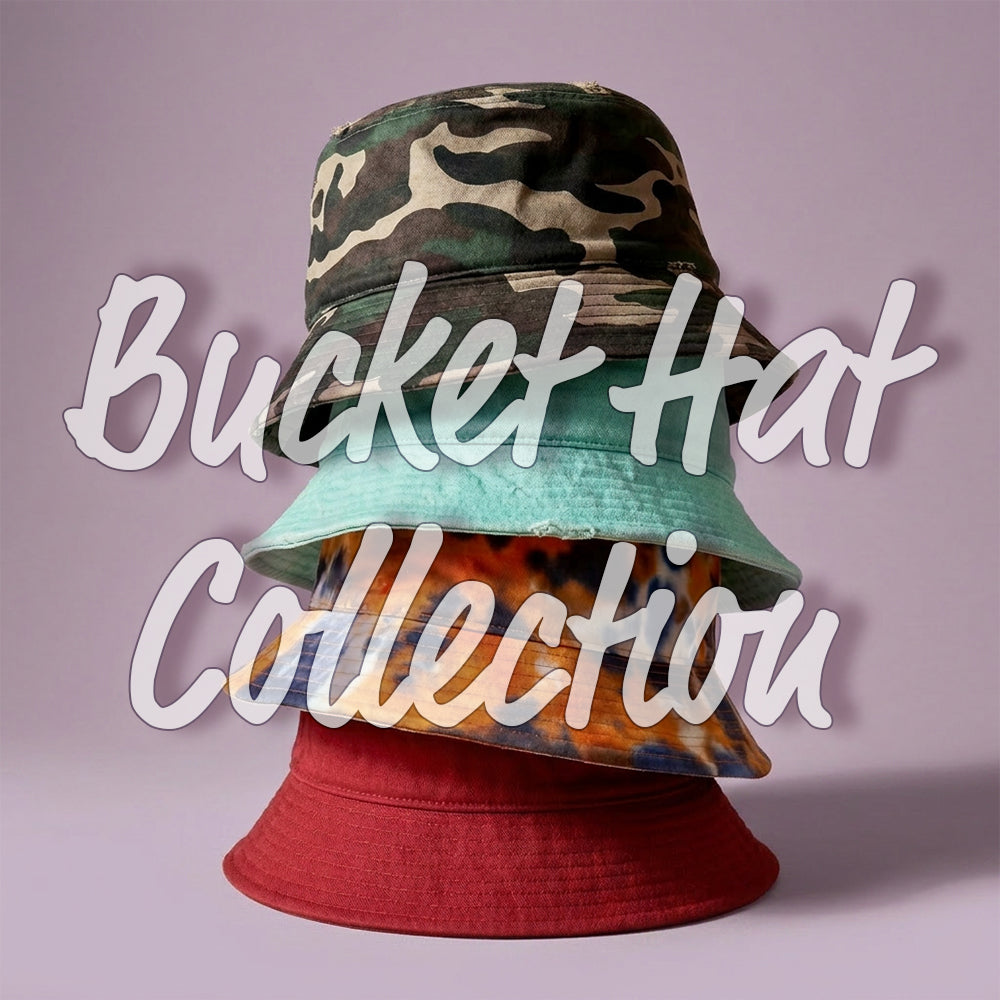 Bucket hat collection with various designs on a light purple background