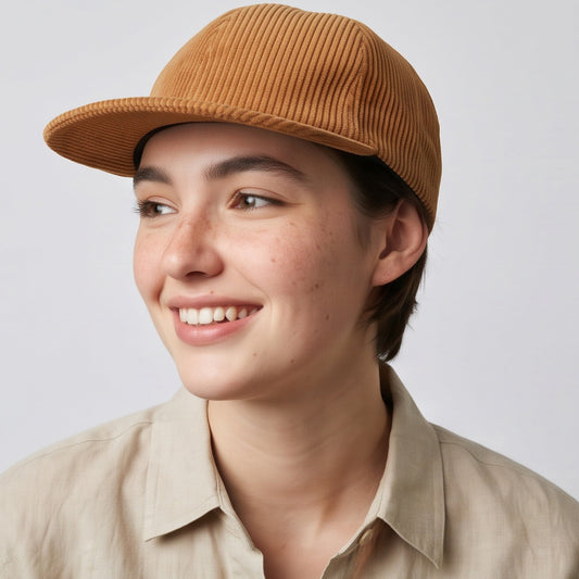 Person wearing a brown low profile corduroy cap and beige shirt against a plain background