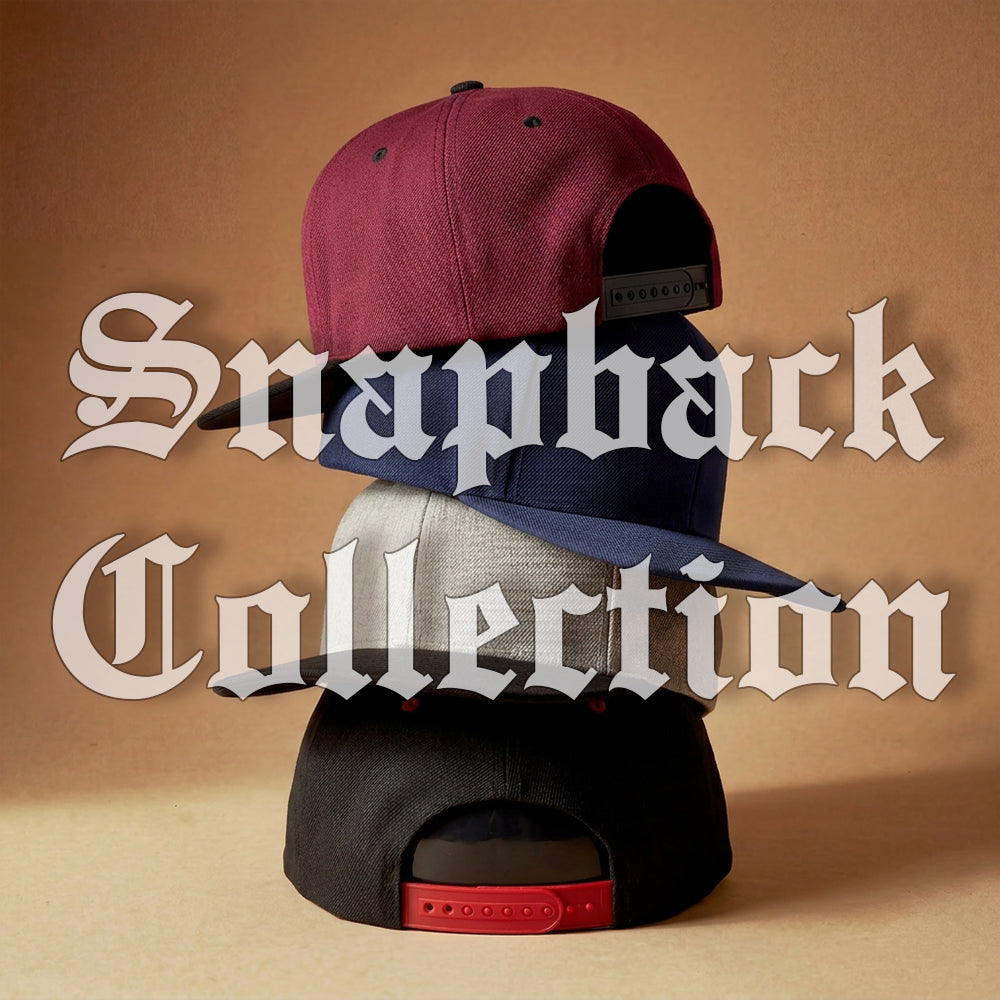 Stack of snapback caps with 'Snapback Collection' text on a beige background
