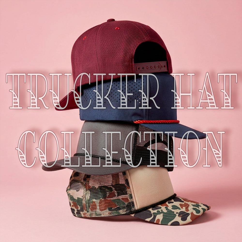 Stack of various trucker hats with text 'Trucker Hat Collection' on a pink background