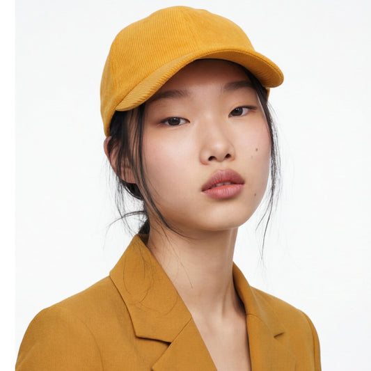 Person wearing a mustard yellow corduroy dad cap and coat on a white background