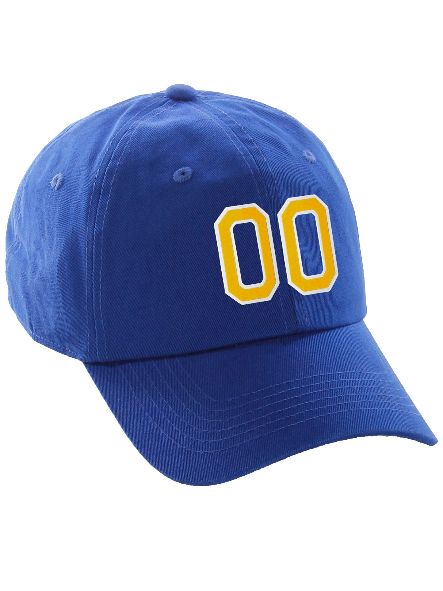 I&W Hatgear Customized Number Hat 00 to 99 Team Colors Baseball Cap, Blue hat White Gold