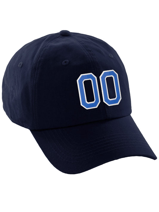 I&W Hatgear Customized Number Hat 00 to 99 Team Colors Baseball Cap, Navy Hat White Blue