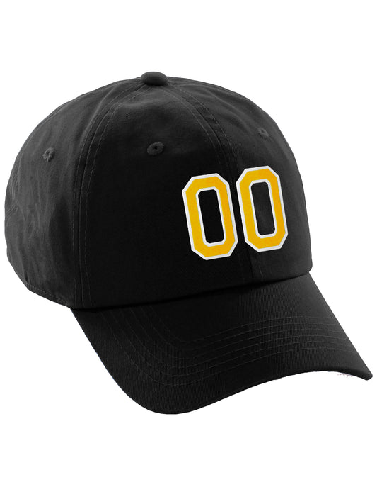 I&W Hatgear Customized Number Hat 00 to 99 Team Colors Baseball Cap, Black Hat White Gold