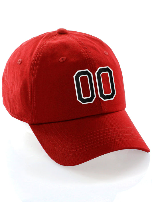 Customized Number Hat 00 to 99 Team Colors Baseball Cap, Red Hat White Black