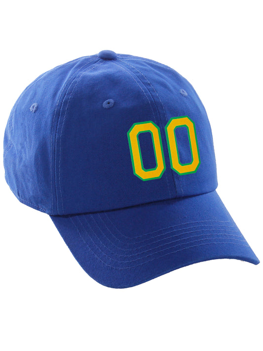 Customized Number hat 00 to 99 Team Colors Baseball Cap, Blue Hat Green Gold