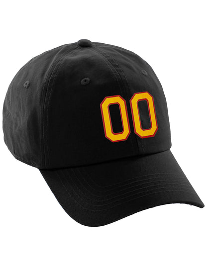 I&W Hatgear Customized Number Hat 00 to 99 Team Colors Baseball Cap, Black Hat Red Gold