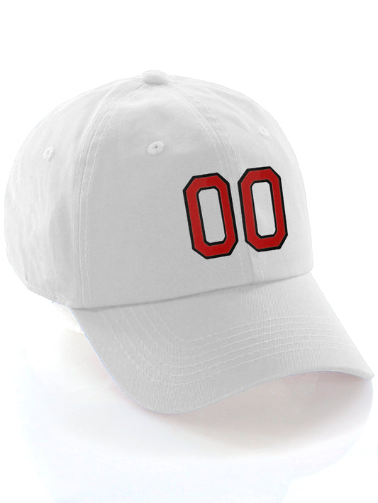 I&W Hatgear Customized Number Hat 00 to 99 Team Colors Baseball Cap, White Hat Black Red