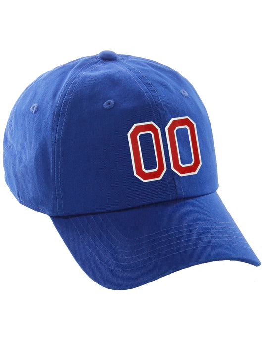 I&W Hatgear Customized Nunber Hat 00 to 99 Team Colors Baseball Cap, Blue Hat White Red