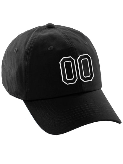 I&W Hatgear Customized Number Hat 00 to 99 Team Colors Baseball Cap, Black Hat White Black