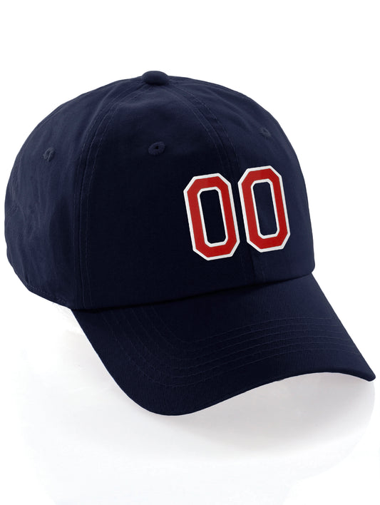 I&W Hatgear Customized Number Hat 00 to 99 Team Colors Baseball Cap, Navy Hat White Red