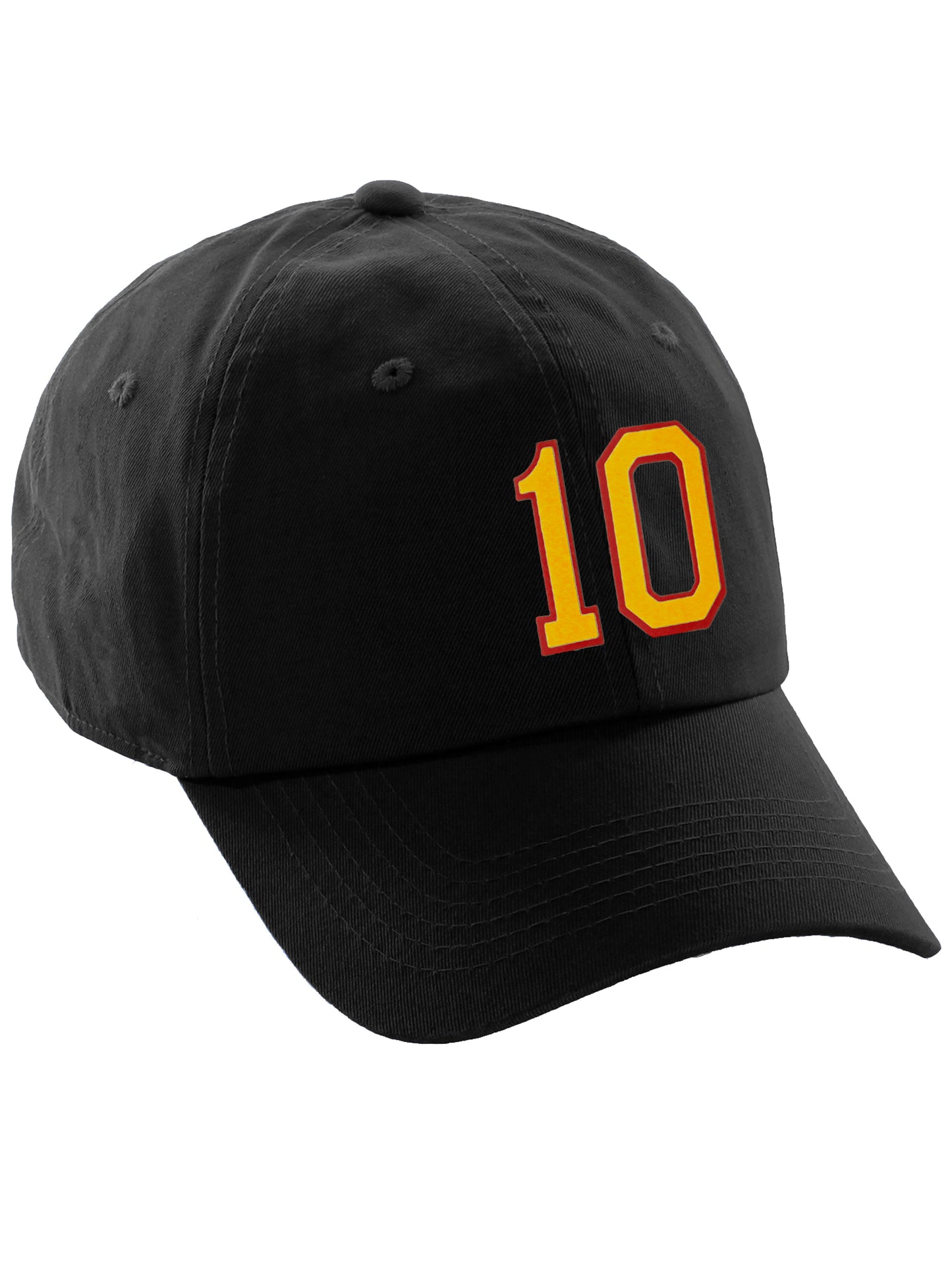 I&W Hatgear Customized Number Hat 00 to 99 Team Colors Baseball Cap, Black Hat Red Gold