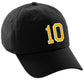I&W Hatgear Customized Number Hat 00 to 99 Team Colors Baseball Cap, Black Hat White Gold