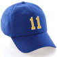 I&W Hatgear Customized Number Hat 00 to 99 Team Colors Baseball Cap, Blue hat White Gold