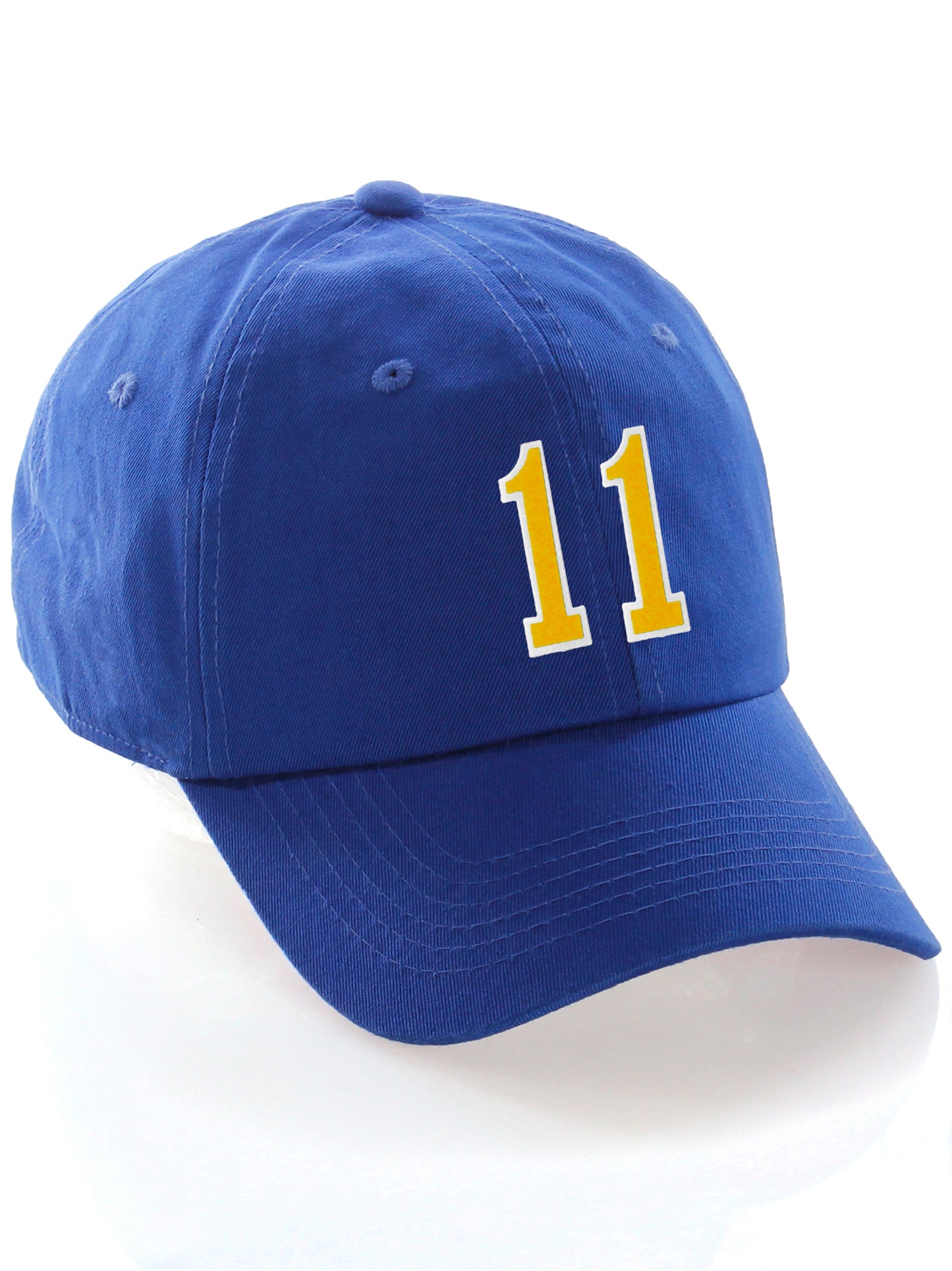 I&W Hatgear Customized Number Hat 00 to 99 Team Colors Baseball Cap, Blue hat White Gold