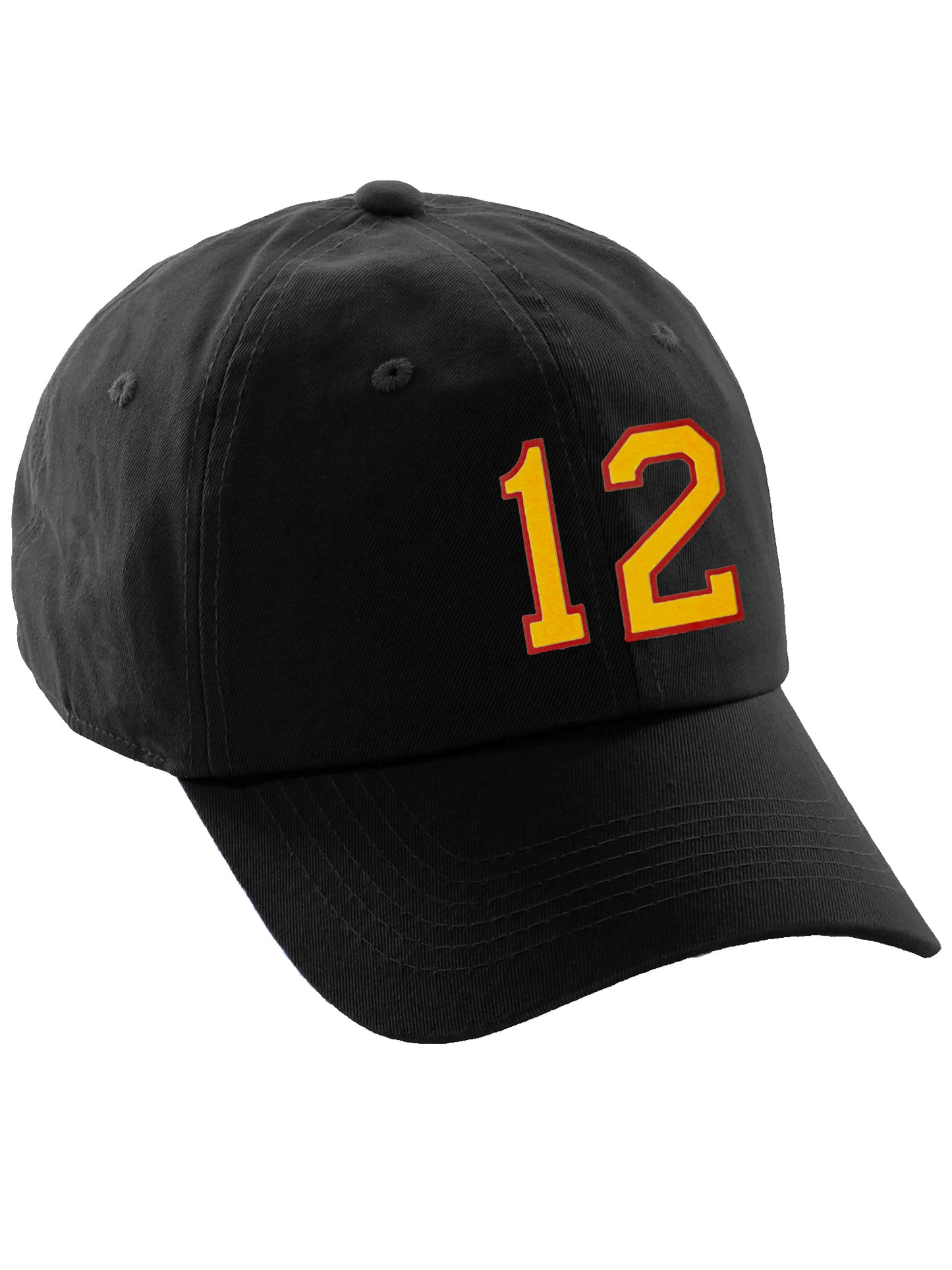 I&W Hatgear Customized Number Hat 00 to 99 Team Colors Baseball Cap, Black Hat Red Gold