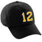 I&W Hatgear Customized Number Hat 00 to 99 Team Colors Baseball Cap, Black Hat White Gold