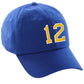 I&W Hatgear Customized Number Hat 00 to 99 Team Colors Baseball Cap, Blue hat White Gold