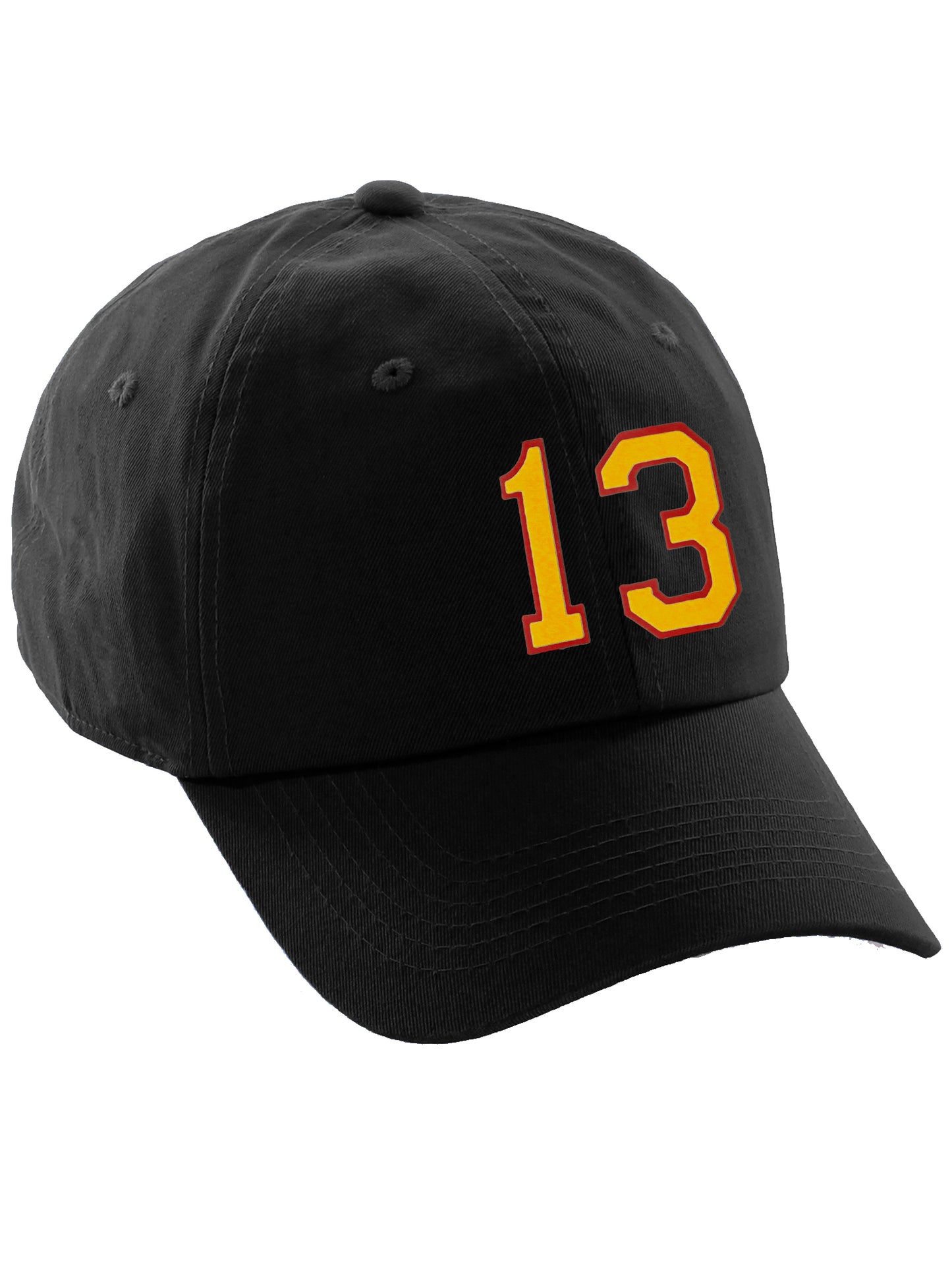 I&W Hatgear Customized Number Hat 00 to 99 Team Colors Baseball Cap, Black Hat Red Gold
