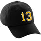 I&W Hatgear Customized Number Hat 00 to 99 Team Colors Baseball Cap, Black Hat White Gold