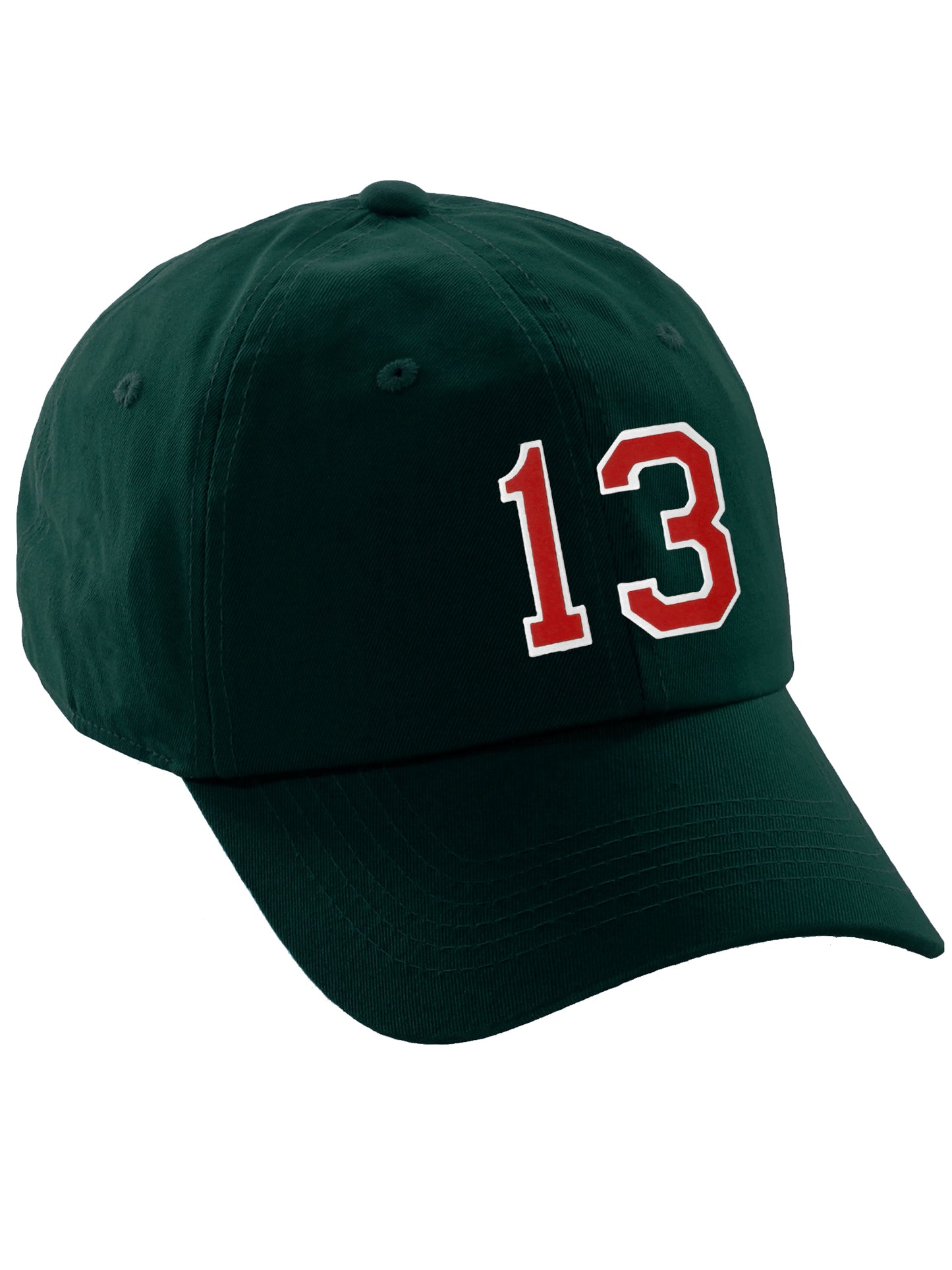 I&W Hatgear Customized Number Hat 00 to 99 Team Colors Baseball Cap, Dk Green Hat White Red