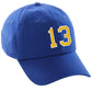 I&W Hatgear Customized Number Hat 00 to 99 Team Colors Baseball Cap, Blue hat White Gold