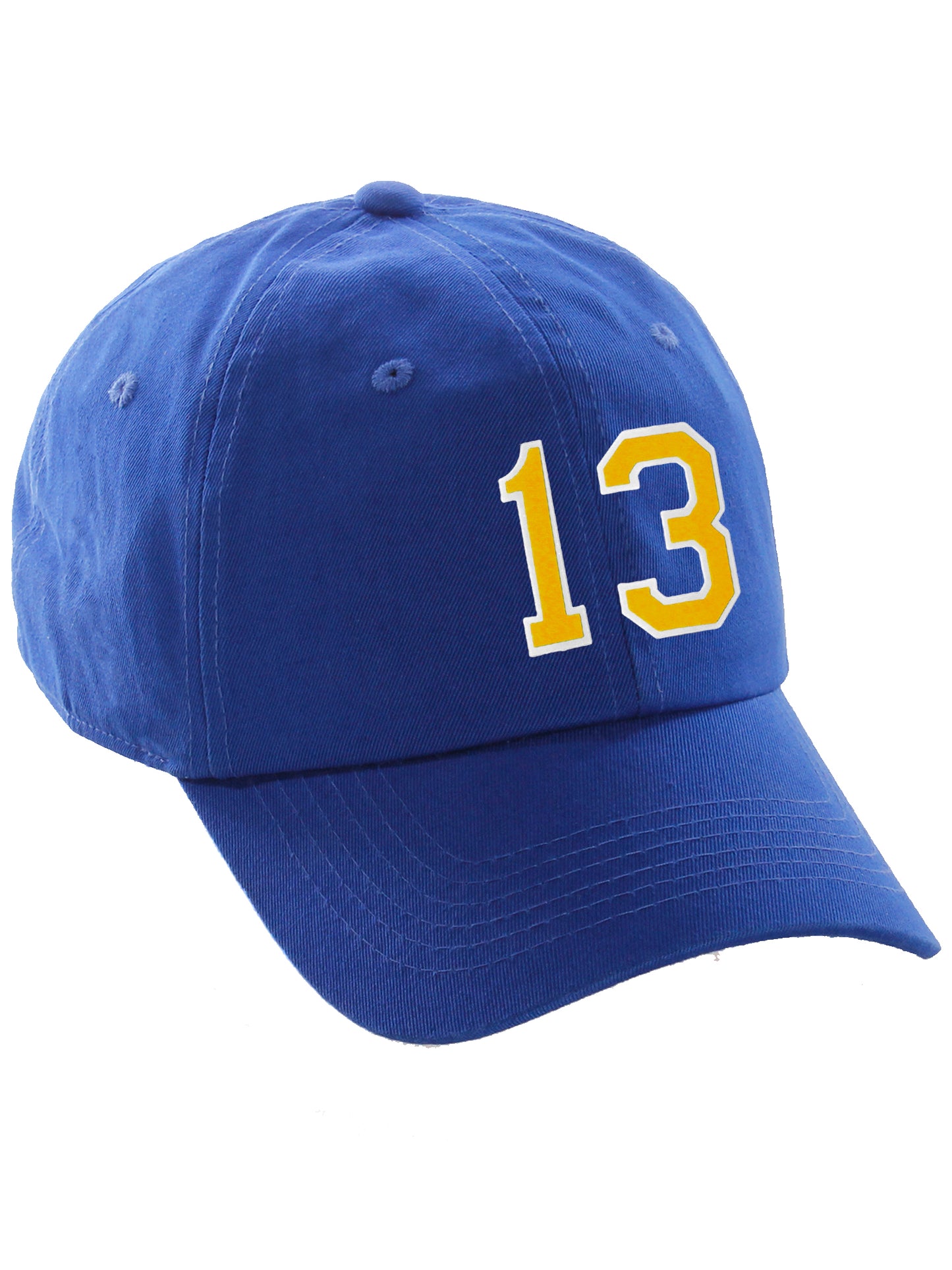 I&W Hatgear Customized Number Hat 00 to 99 Team Colors Baseball Cap, Blue hat White Gold