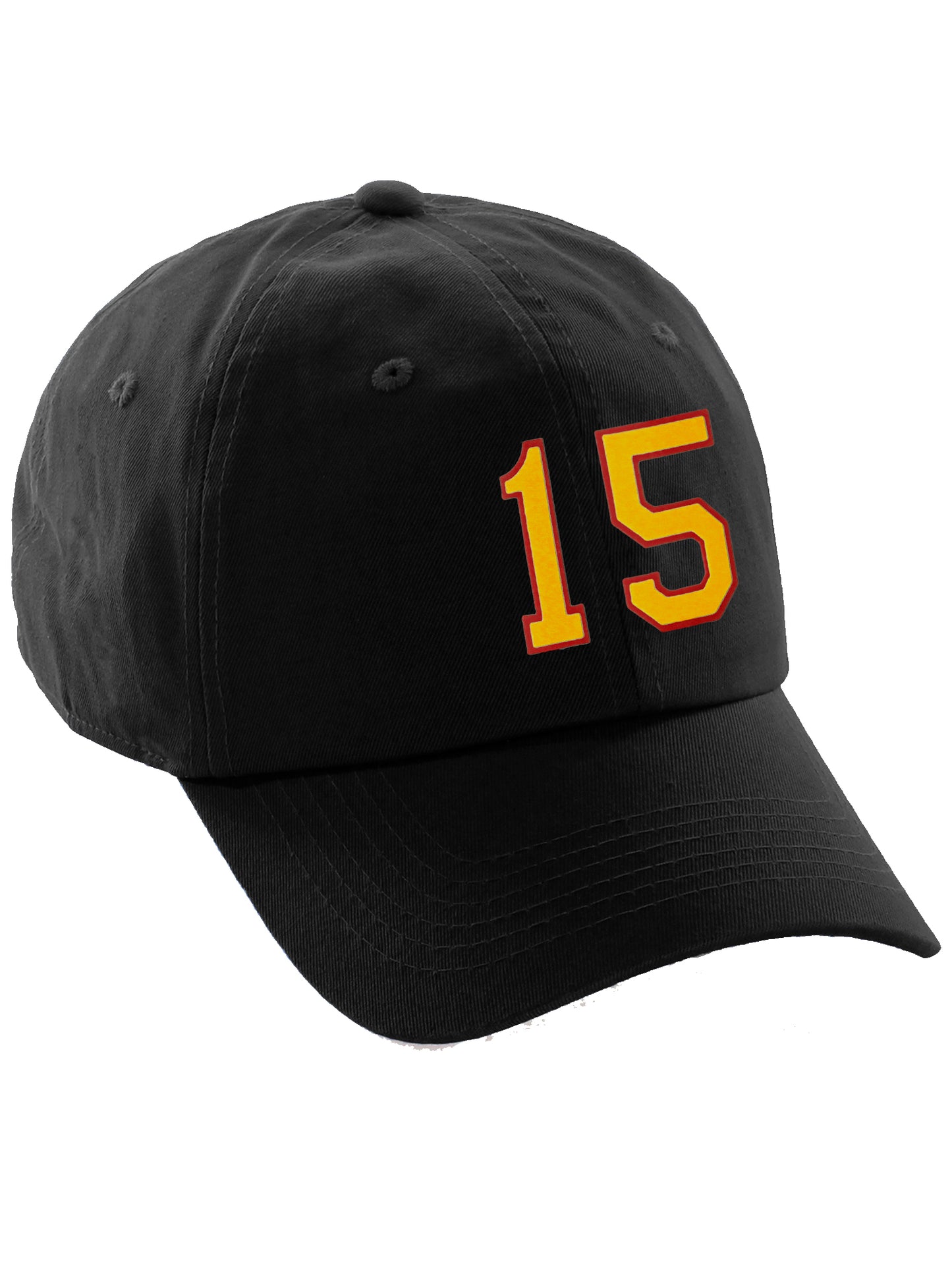 I&W Hatgear Customized Number Hat 00 to 99 Team Colors Baseball Cap, Black Hat Red Gold