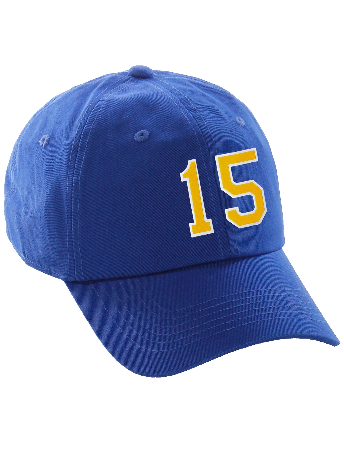 I&W Hatgear Customized Number Hat 00 to 99 Team Colors Baseball Cap, Blue hat White Gold