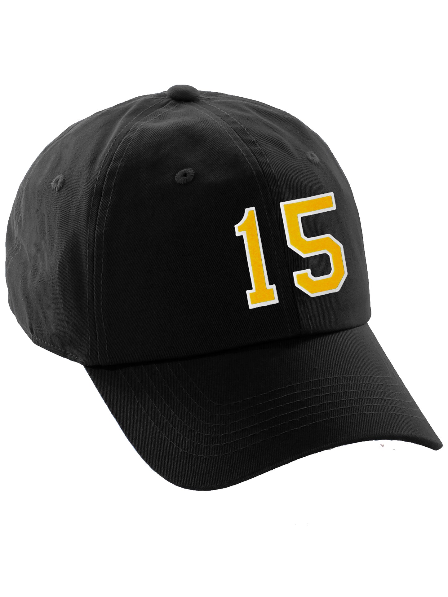 I&W Hatgear Customized Number Hat 00 to 99 Team Colors Baseball Cap, Black Hat White Gold