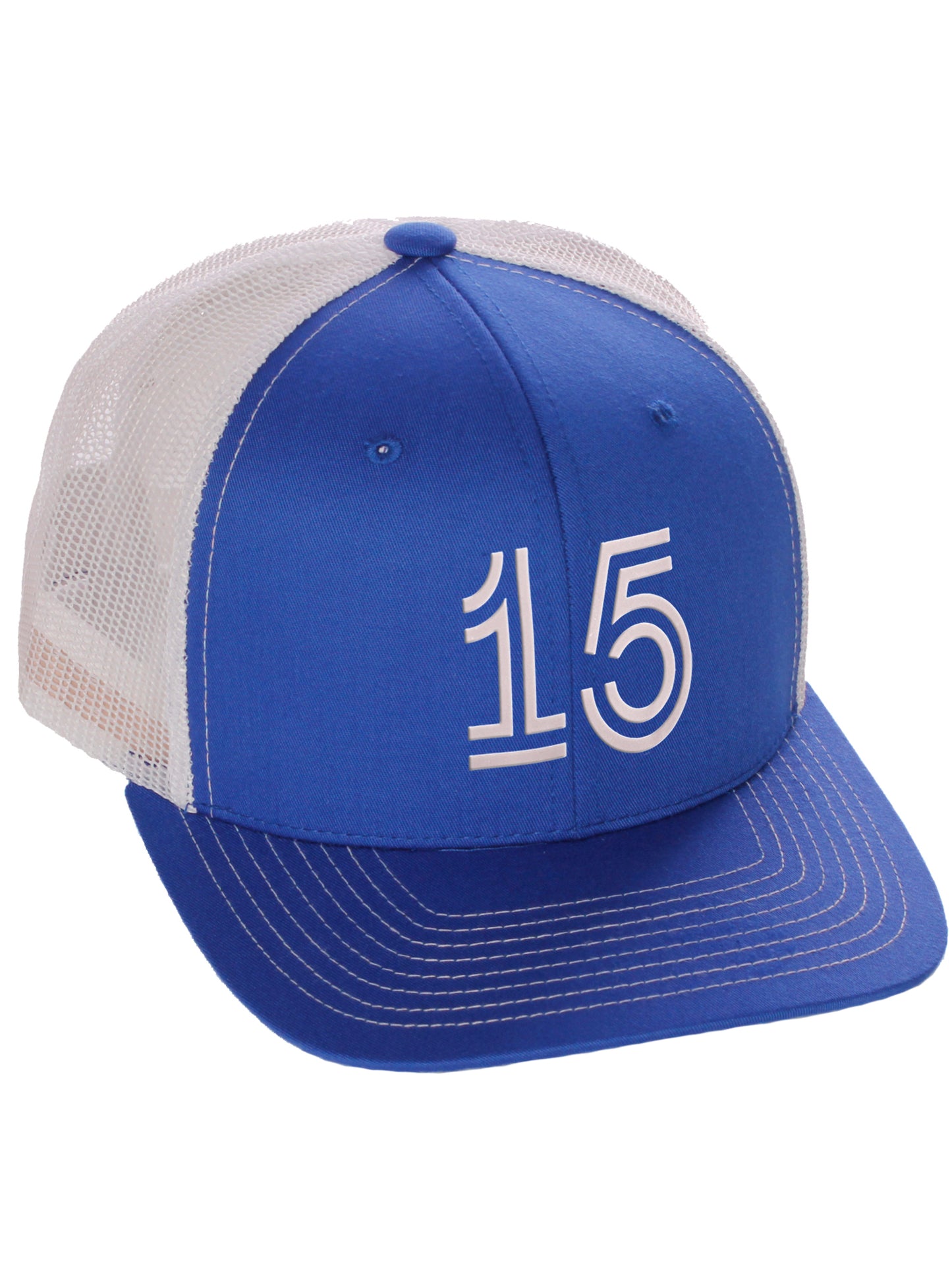 Daxton Team Numbers Structured Trucker Mesh Hat Mid Profile Cap, Royal White