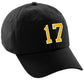 I&W Hatgear Customized Number Hat 00 to 99 Team Colors Baseball Cap, Black Hat White Gold
