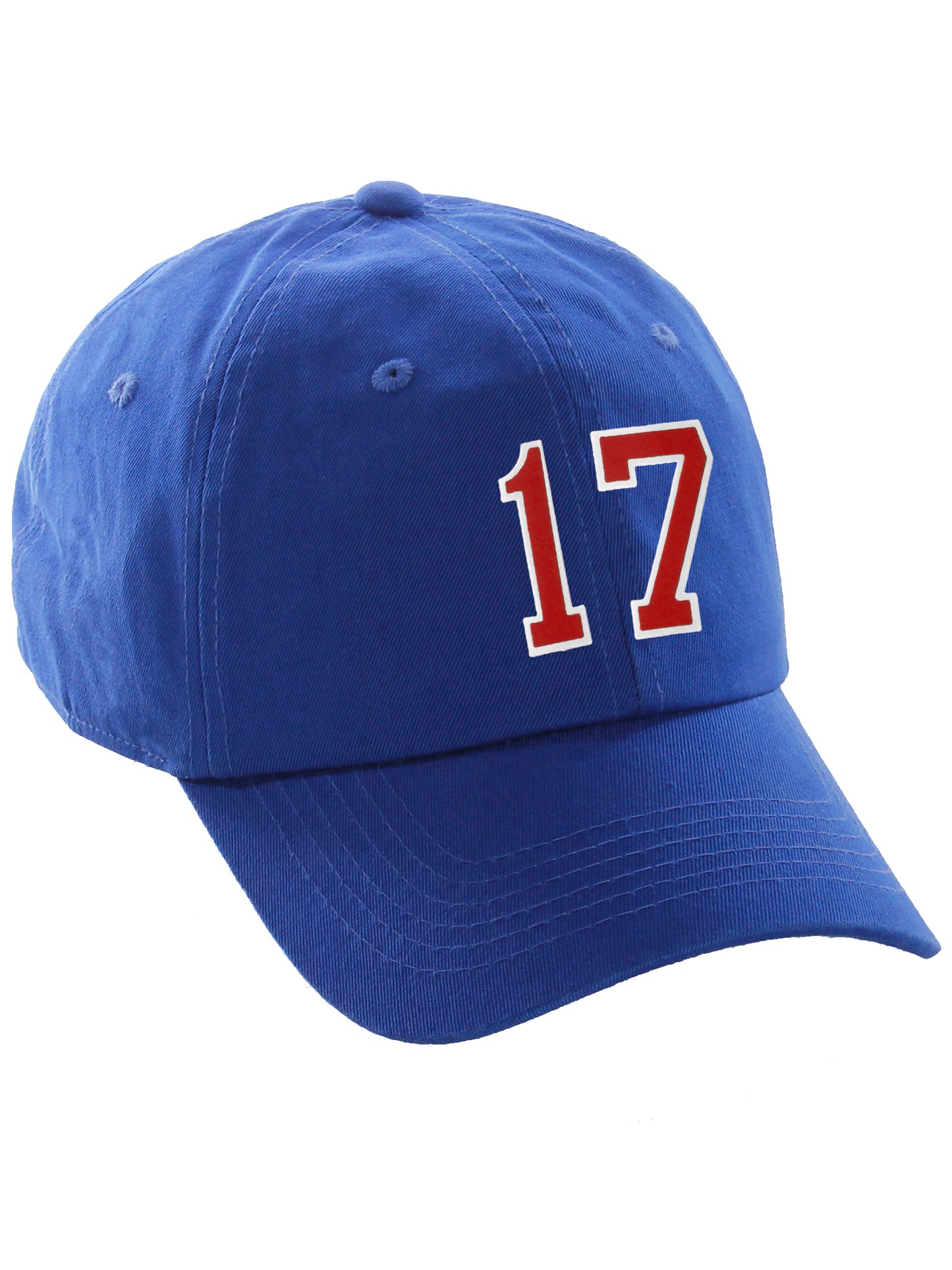 I&W Hatgear Customized Nunber Hat 00 to 99 Team Colors Baseball Cap, Blue Hat White Red