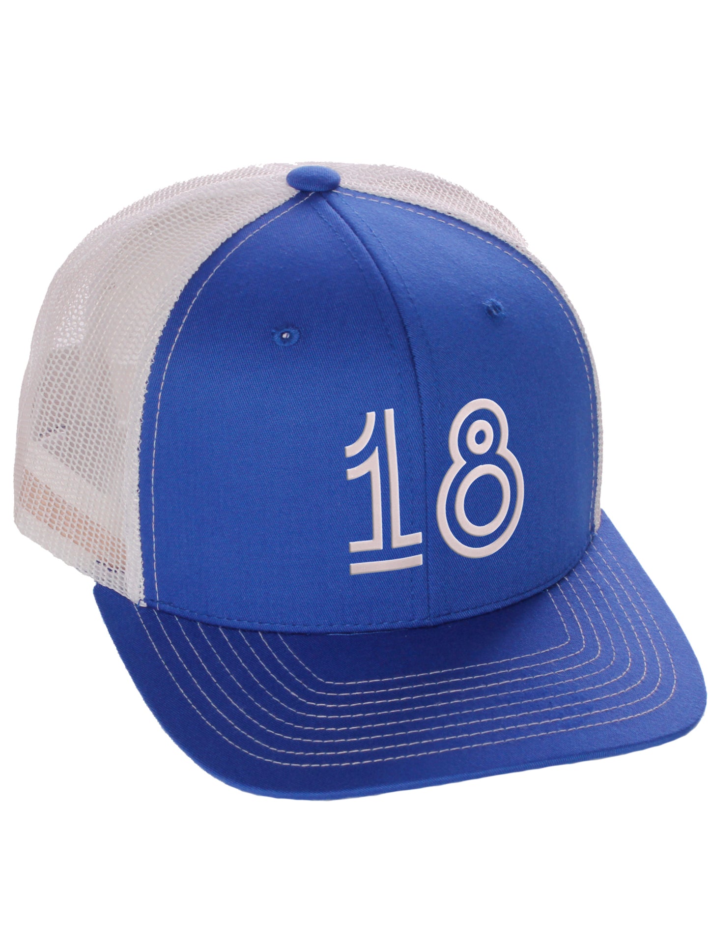 Daxton Team Numbers Structured Trucker Mesh Hat Mid Profile Cap, Royal White