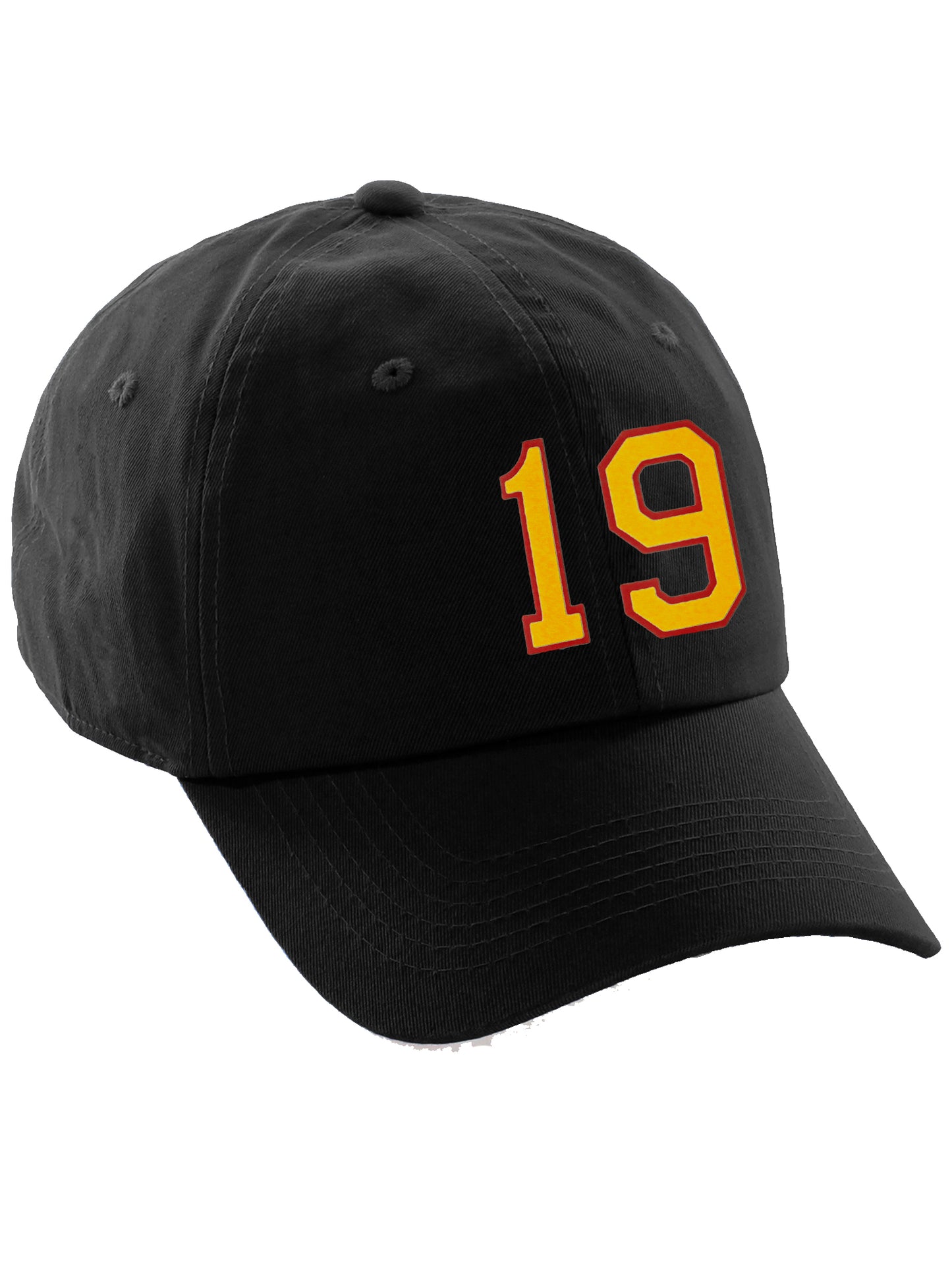 I&W Hatgear Customized Number Hat 00 to 99 Team Colors Baseball Cap, Black Hat Red Gold