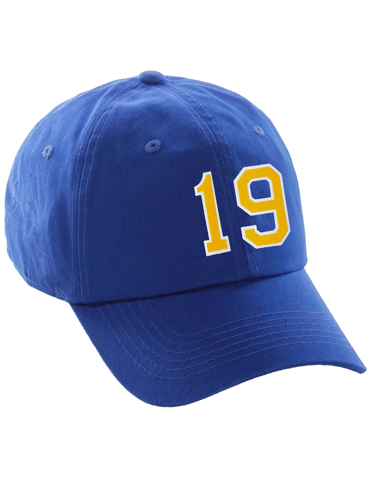 I&W Hatgear Customized Number Hat 00 to 99 Team Colors Baseball Cap, Blue hat White Gold