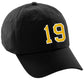 I&W Hatgear Customized Number Hat 00 to 99 Team Colors Baseball Cap, Black Hat White Gold